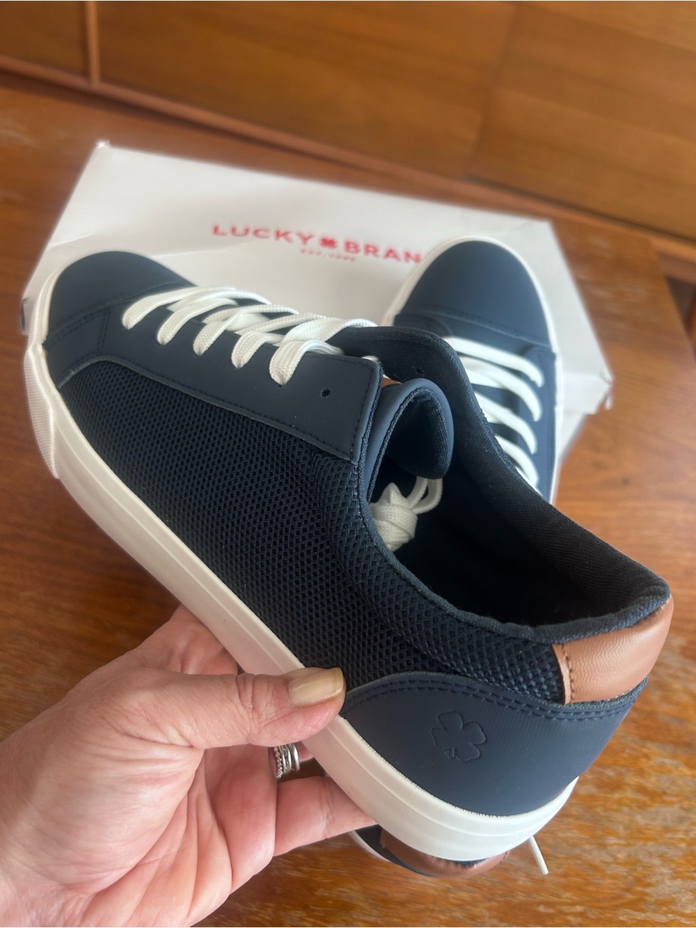 Lucky Brand Men's Navy & White Low-Top Sneakers with Tan Heel